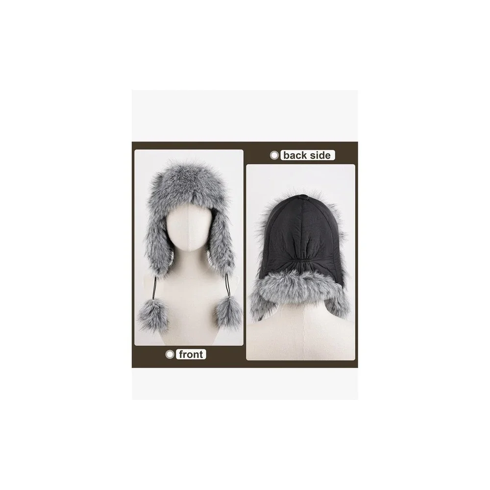 Womens Faux Fur Trapper Hat Black Grey Aviator Ushanka Winter Ear Flap Pom Pom